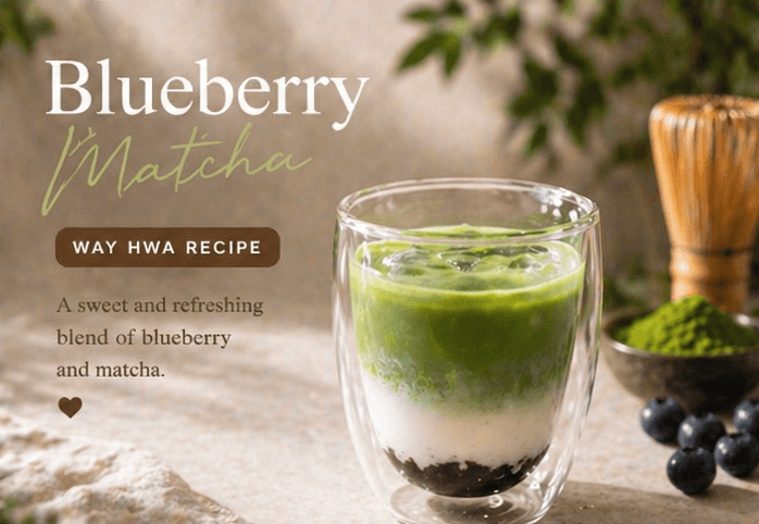 Blueberry matcha recipe hero with finished latte and ingredients