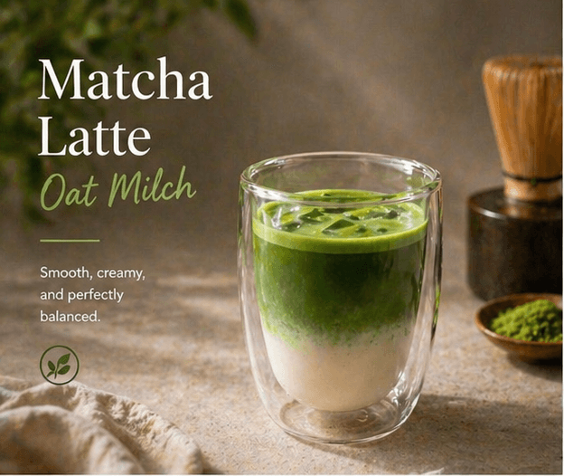 Oat milk matcha latte recipe hero with finished layered drink