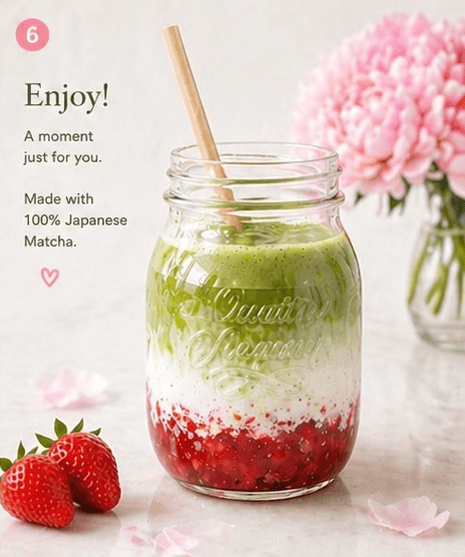 Finished strawberry matcha latte with enjoy note