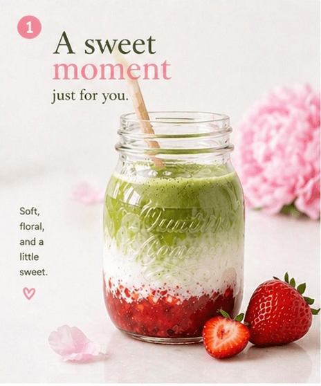 Strawberry matcha recipe hero with finished latte and soft flowers
