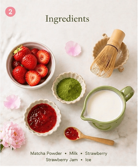 Strawberry matcha ingredients with matcha, milk, jam, and strawberries