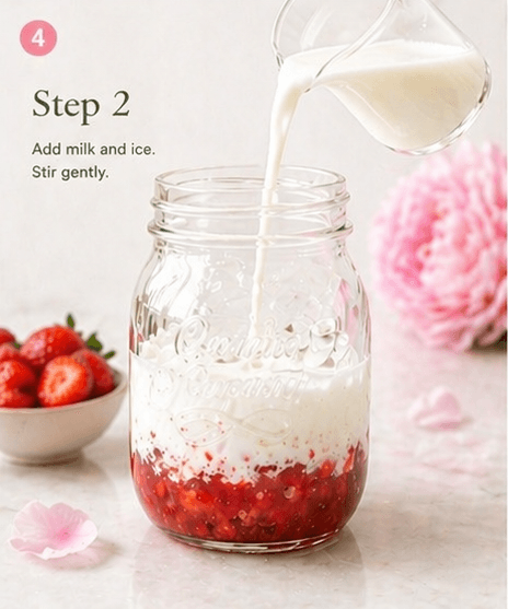 Pouring milk and ice over strawberry jam