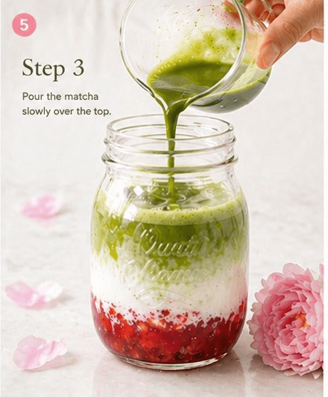 Pouring matcha over the strawberry latte